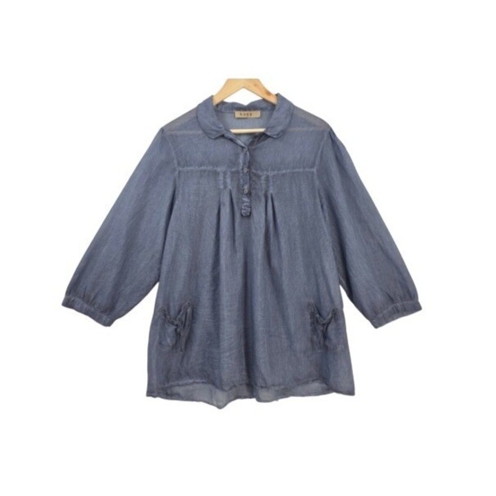Saga L Blue Cotton Silk Blend 3/4 Sleeve Pleated Sheer Lagenlook Tunic Blouse
